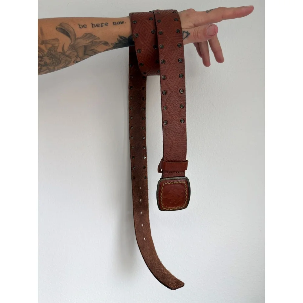 A.Kurtz‎ Full Grain Leather Belt Embossed Trophy Buckle Mens Brown Size 40